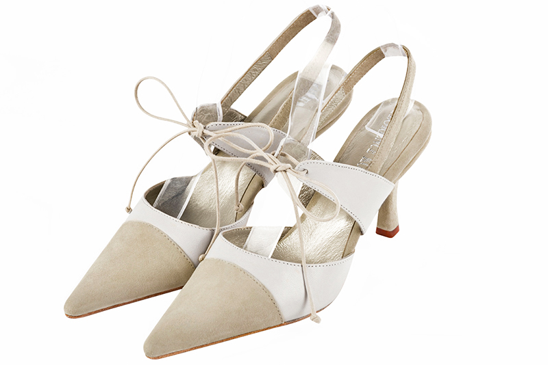Sand beige and off white women's open back shoes, with an instep strap. Pointed toe. High slim heel. Front view - Florence KOOIJMAN
